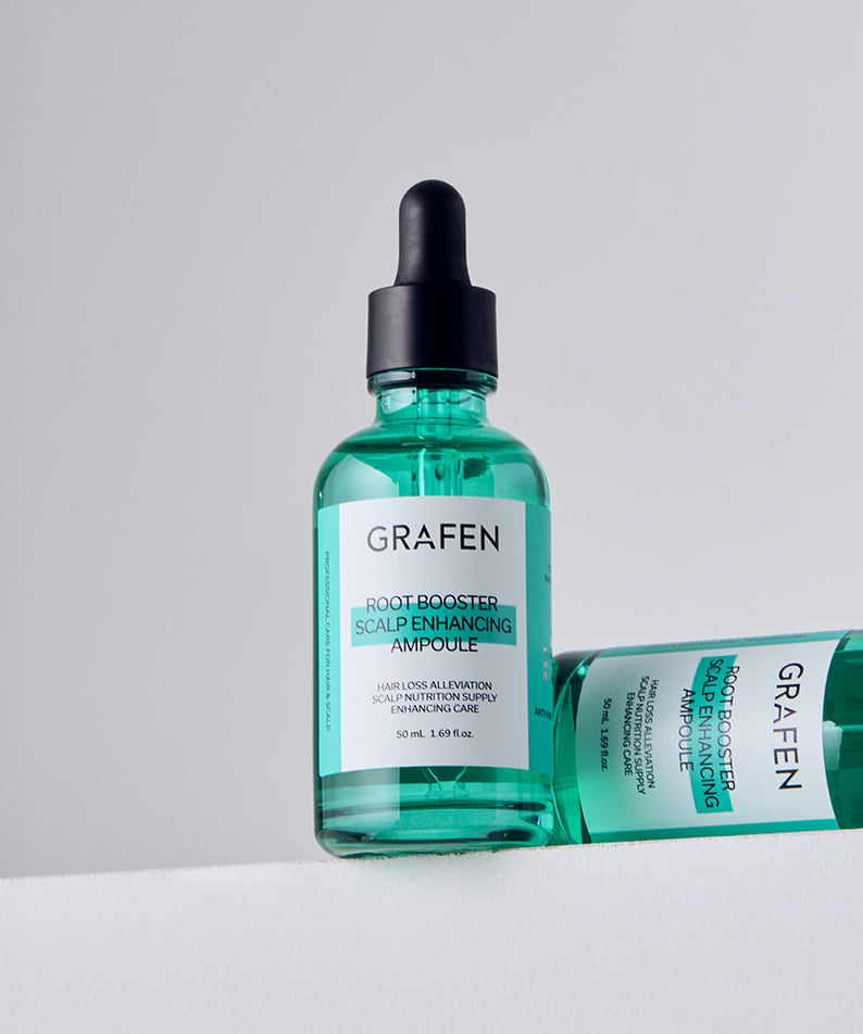 GRAFEN  Root Booster Ampoule 50ml, flacon vert et carton sur fond clair, produit de la marque GRAFEN.