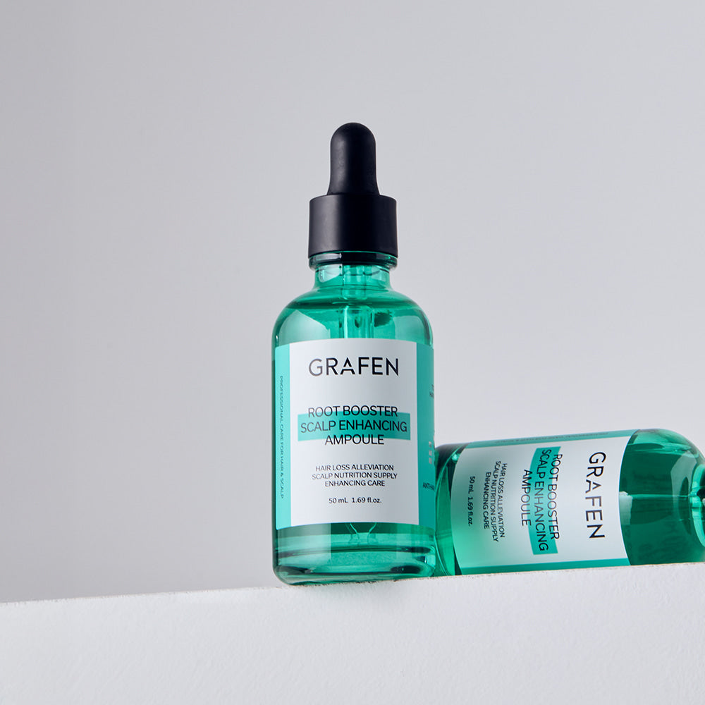 GRAFEN  Root Booster Ampoule 50ml, flacon vert et carton sur fond clair, produit de la marque GRAFEN.