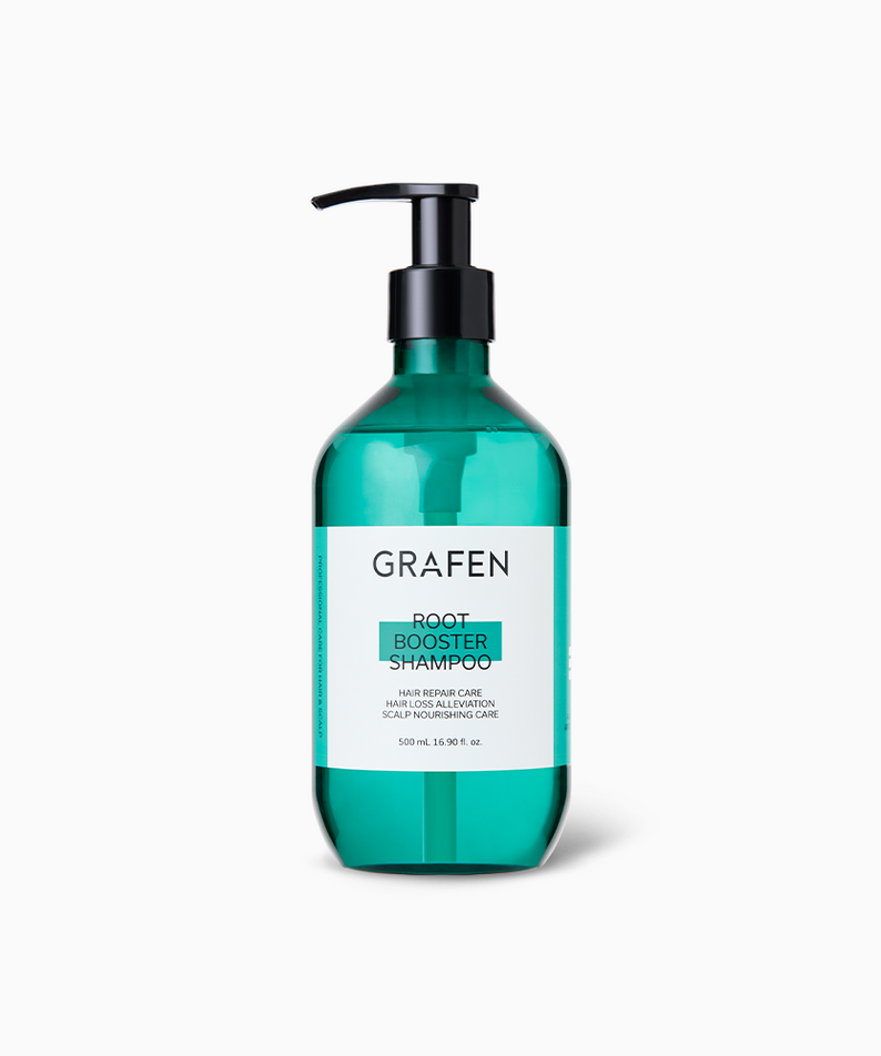 Photo du GRAFEN Root Booster Shampoo 500ml, flacon turquoise avec pompe, sur fond blanc, marque GRAFEN