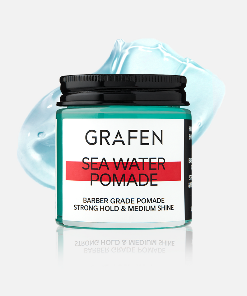 GRAFEN  Sea Water Pomade 100g, pot bleu et étiquette « Sea Water Pomade », sur fond blanc, style barbershop.