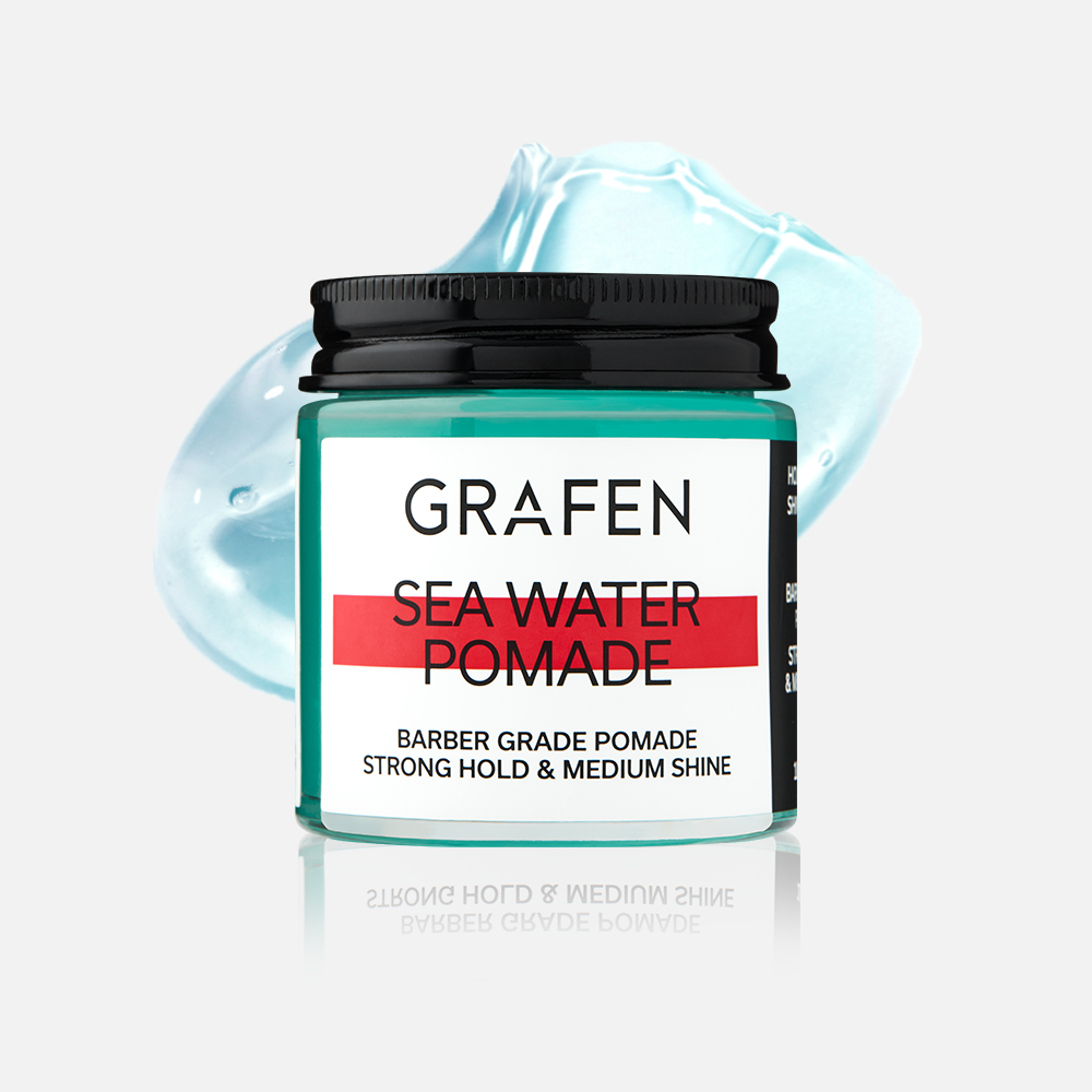 GRAFEN  Sea Water Pomade 100g, pot bleu et étiquette « Sea Water Pomade », sur fond blanc, style barbershop.