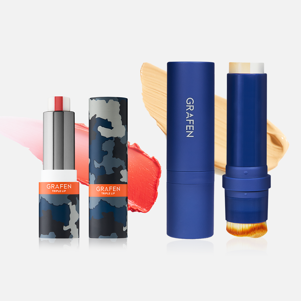 GRAFEN  Triple Lip™ Handsome Lip/ Color Lip, pack et tubes sur fond clair, teintes nude et rouge, marque GRAFEN