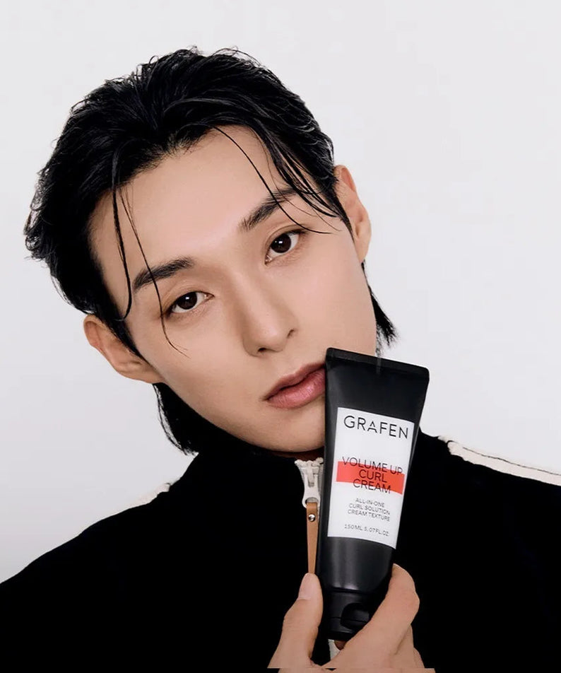 GRAFEN  Volume Up Curl Cream 150ml : tube crème coiffante sur fond clair, visage souriant tenant le produit