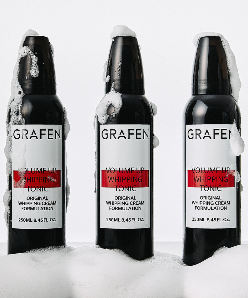 GRAFEN  Volume Up Whipping Tonic 100ml : flacons noir et crème sur fond blanc, marque GRAFEN, visuel produit.