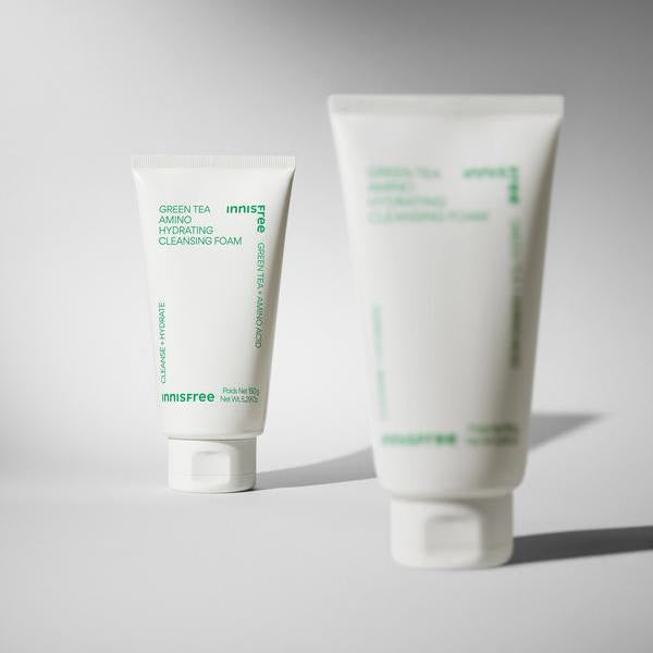 INNISFREE Green Tea Amino Hydrating Cleansing Foam 150g : tubes crème en studio, marque INNISFREE, fond clair
