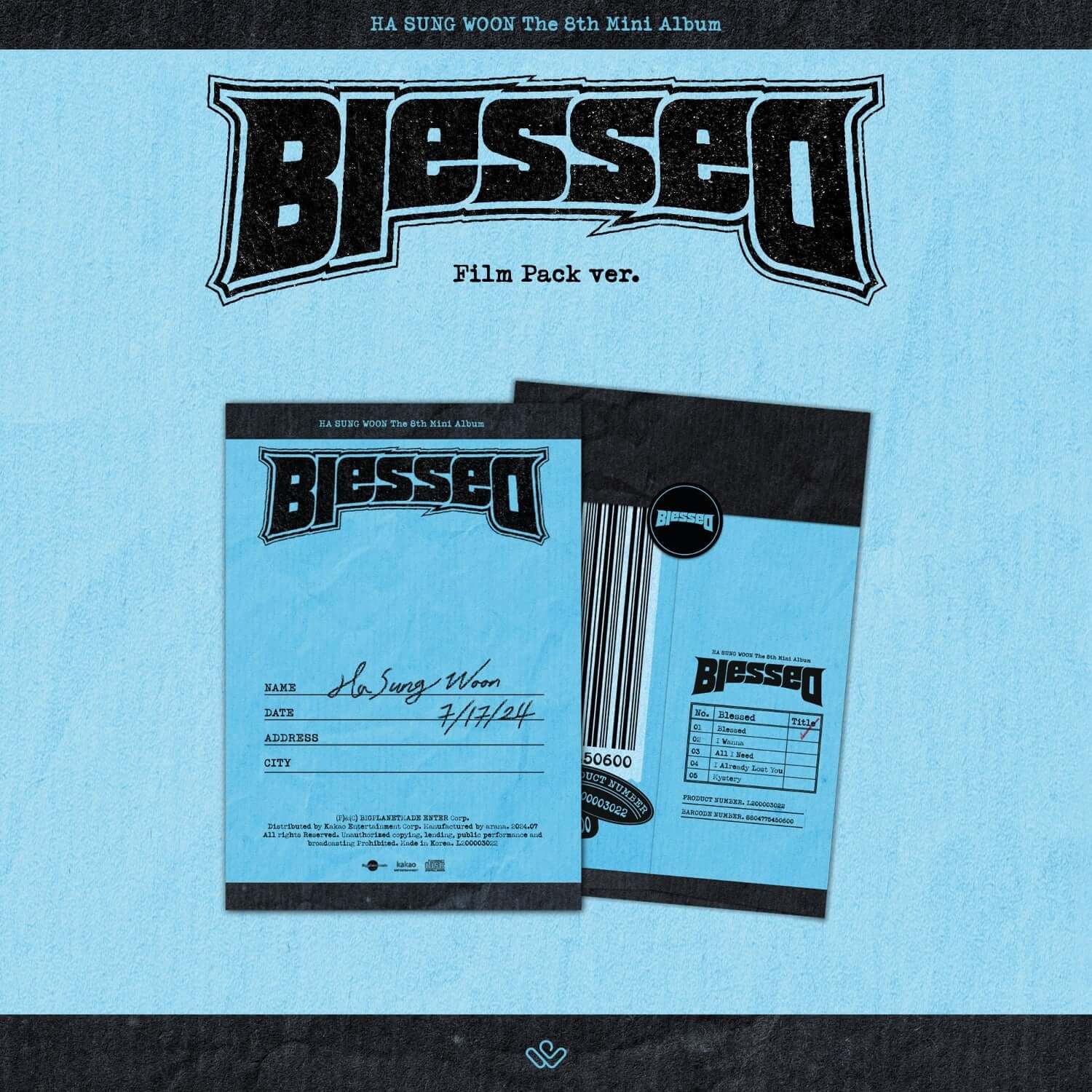 HA SUNG WOON - 8th Album Blessed [Film Pack ver.] [Mini CD-R] - visuel pochette et mini CD-R, album Kpop, bleu.