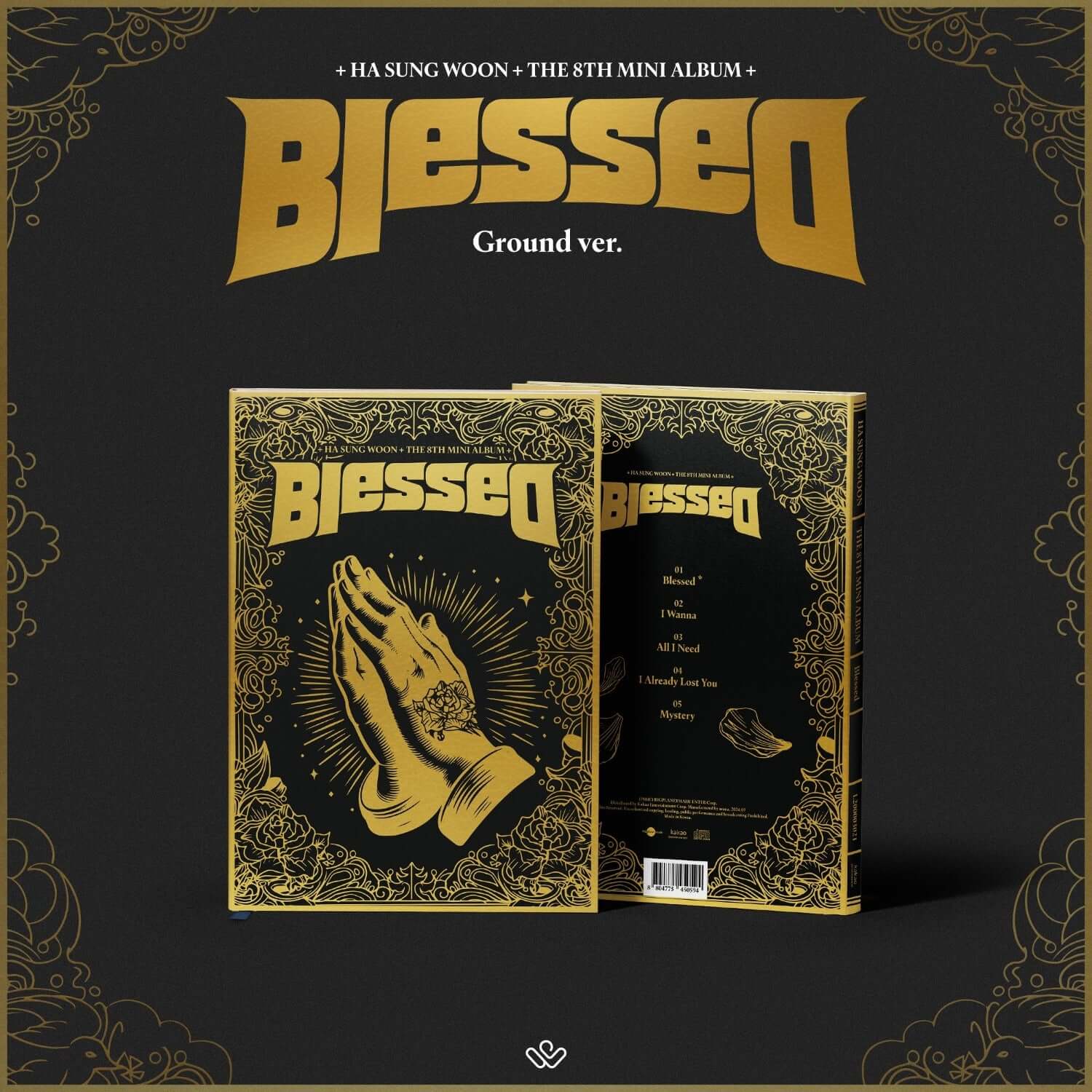 HA SUNG WOON - 8th Album Blessed [Photobook : Ground ver.] - Album Kpop, photobook doré sur fond noir, coffret signé.