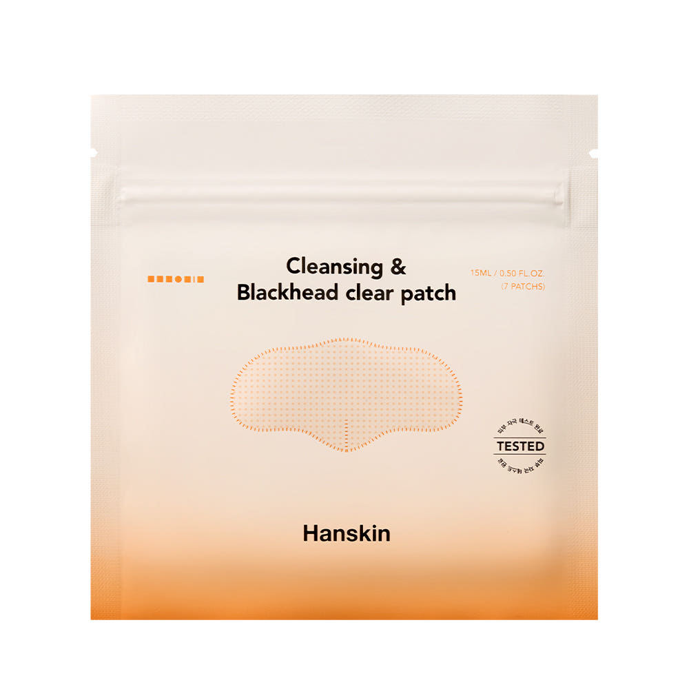 HANSKIN Cleansing Pad & Blackhead Nose Pack 10 sheets, sachet beige à l’écran, “Cleansing & Blackhead clear patch”.