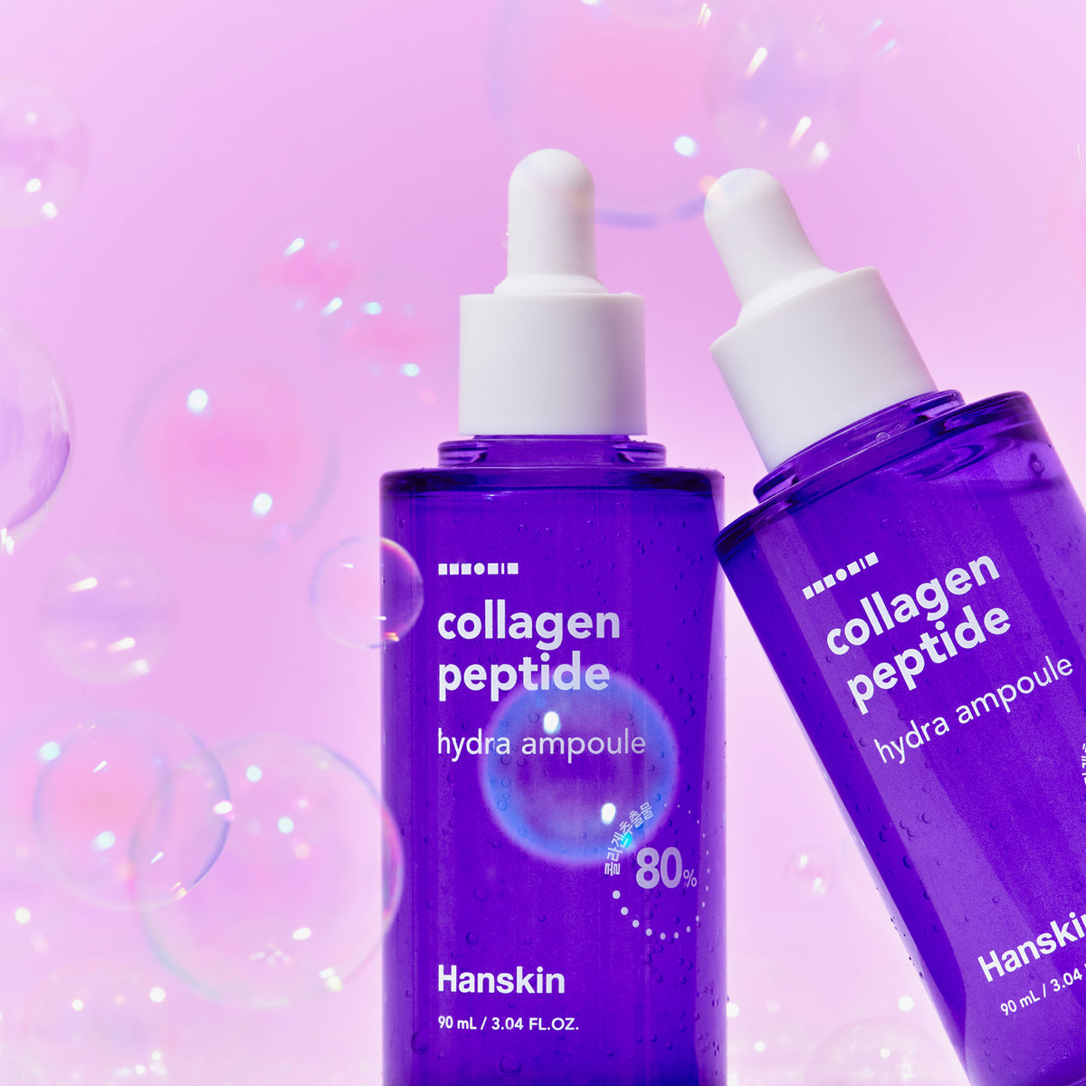 Décris l'image en français en mentionnant le produit, la marque et le contexte visuel HANSKIN Collagen Peptide Hydra Ampoule 90ml