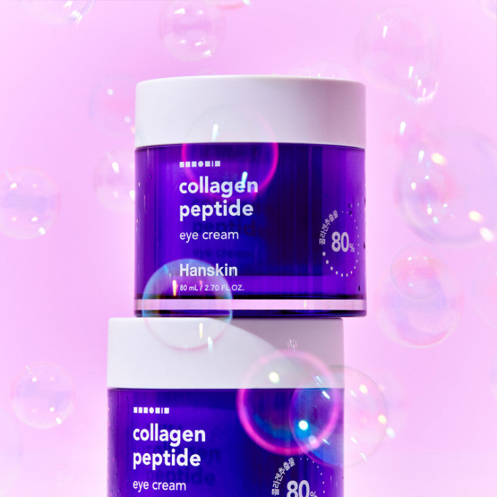 HANSKIN Large Capacity Collagen Peptide Eye Cream 80ml, pot crème contour des yeux violet, fond rose bulles, marque HANSKIN.