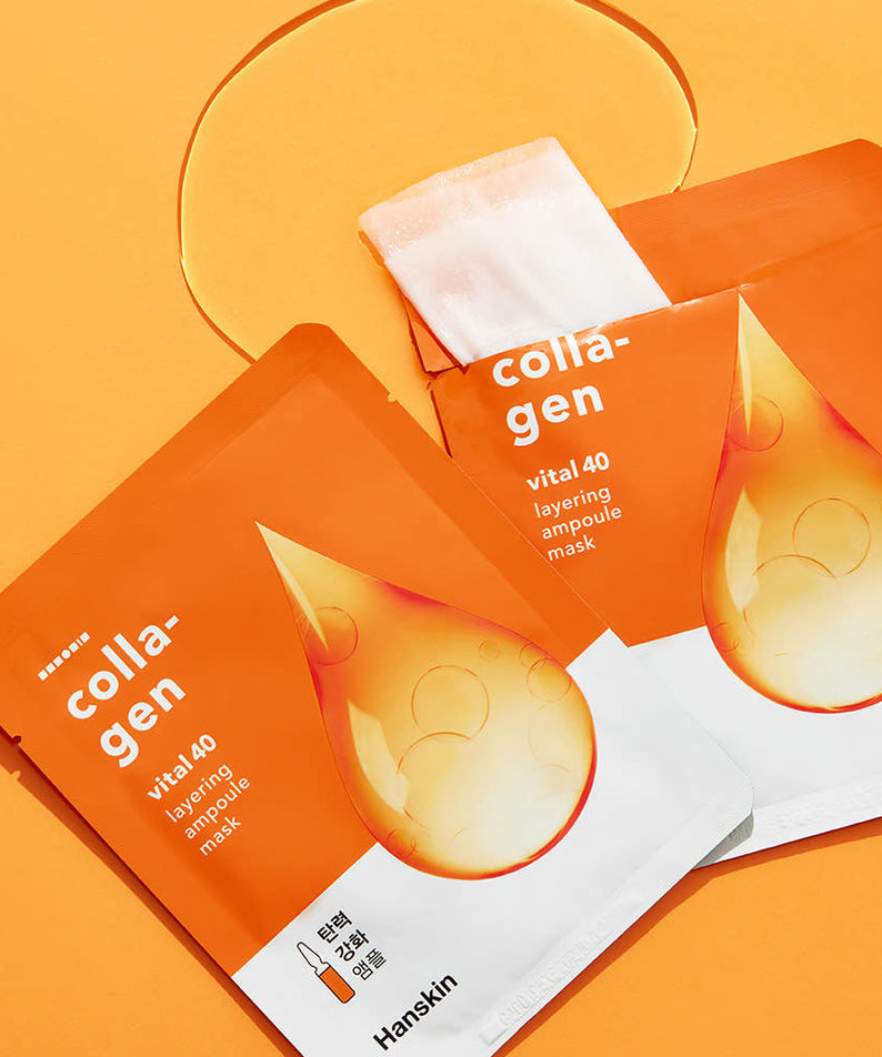 HANSKIN Vital 40 Layering Ampoule Mask 10 sheets, photos produit sur fond orange avec 3 masques et gouttes