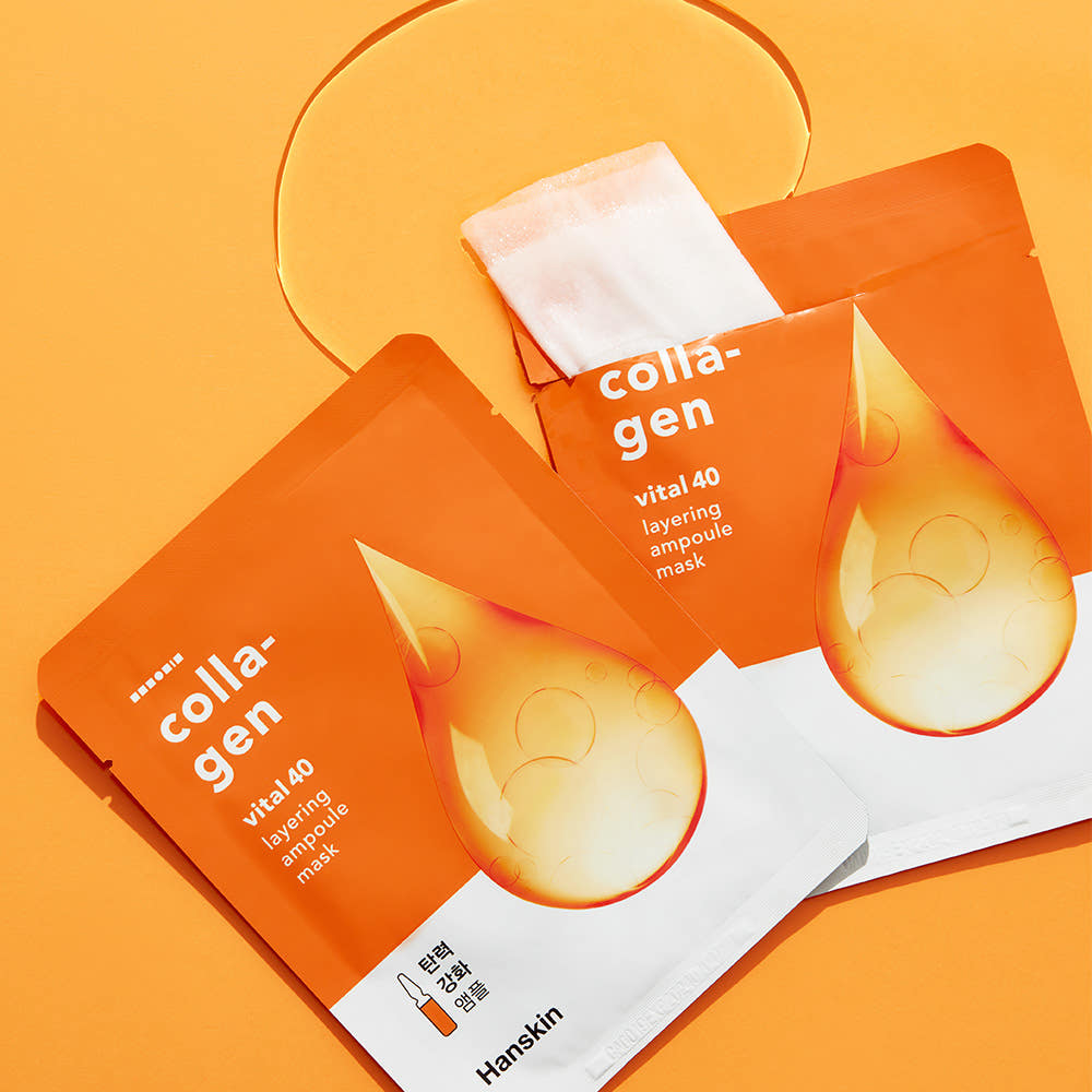 HANSKIN Vital 40 Layering Ampoule Mask 10 sheets, photos produit sur fond orange avec 3 masques et gouttes