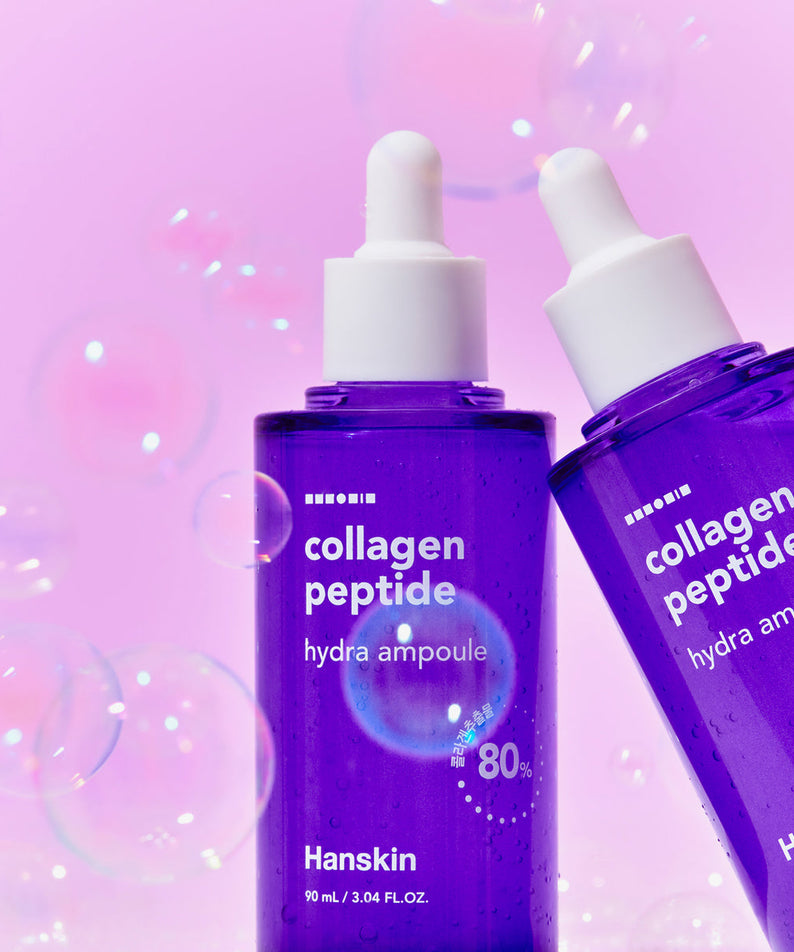 HANSKIN Collagen Peptide Hydra Ampoule 90ml, soins pour une peau hydratée et éclatante, deux flacons sur fond rose, beauté et soin coréen