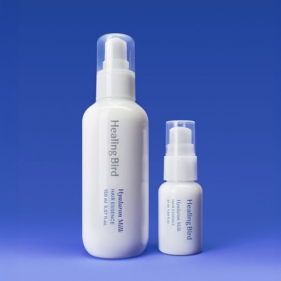 HEALING BIRD Hyaluronic Milk Hair Essence 150ml, flacons de lait capillaire sur fond bleu, marque Healing Bird