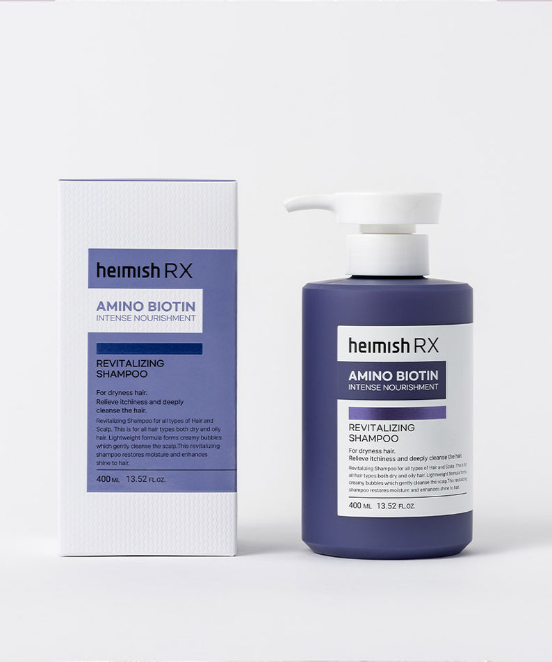 HEIMISH RX Amino Biotin Revitalizing Shampoo 400ml en bouteille avec boîte, design élégant bleu et blanc, cheveux nourris et renforcés.