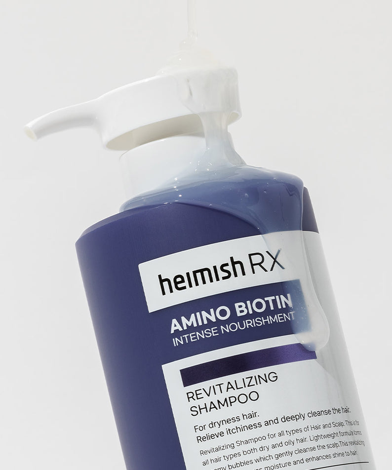Flacon de HEIMISH RX Amino Biotin Revitalizing Shampoo 400ml, revitalisant capillaire intensif pour cheveux secs.