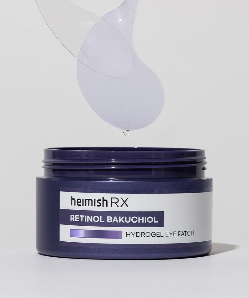 HEIMISH RX Retinol Bakuchiol Hydrogel Eye Patches 60 Sheets pour soins des yeux en gel hydratant et lissant, présenté dans un pot.