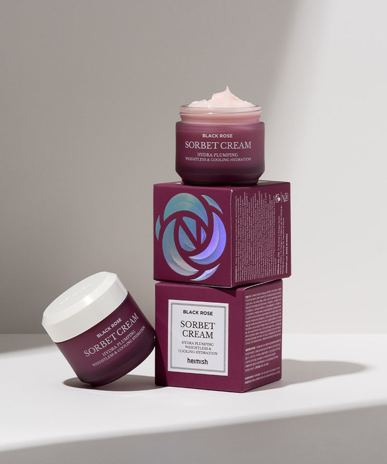 HEIMISH Black Rose Hydra Plumping Shavet Cream 50ml crème hydratante, boîte et pot sur fond neutre, beauté et soin visage