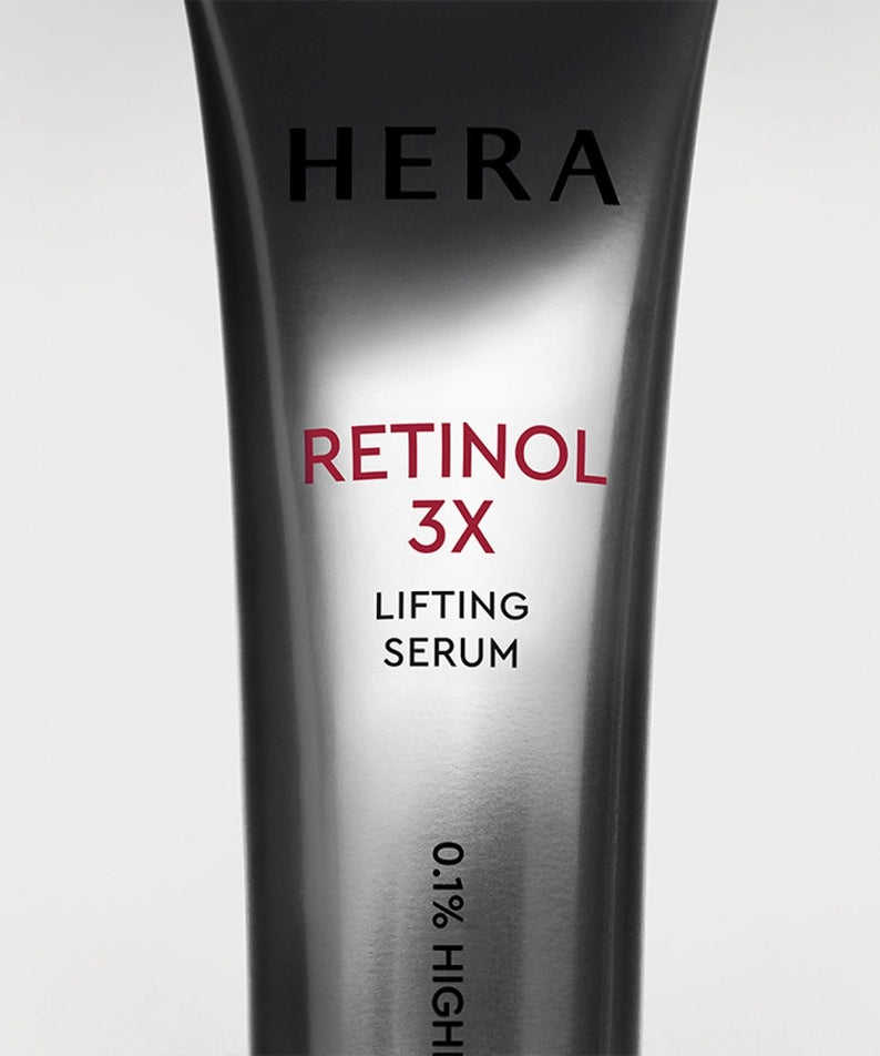HERA Retinol 3X Lifting Serum 25ml, flacon noir et blanc sur fond clair, marque HERA visible, détail produit