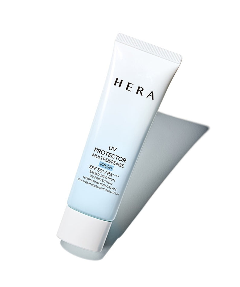 HERA UV Protector Multi-Defense Fresh SPF50+PA++++ 50ml, tube crème solaire HERA sur fond blanc, photo produit
