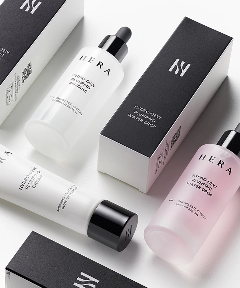 Flacons et emballages de HERA Hydro-Dew Pluming Water Drop 50ml en présentation
