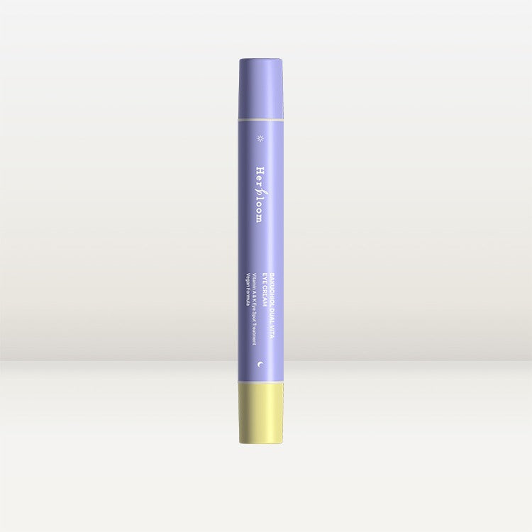 HERBLOOM  Bakuchiol Dual Vita Eye Cream, flacon violet sur fond clair, vue produit en studio.