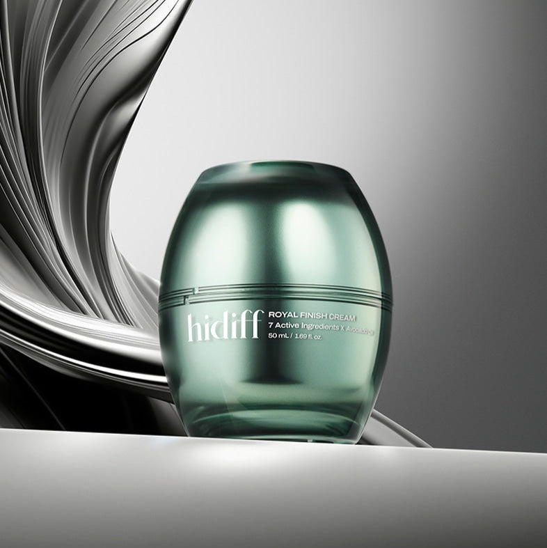 HIDIFF Royal Finish Cream : pot crème cosmétique vert sur fond abstrait argenté, visuel premium de la marque HIDIFF.