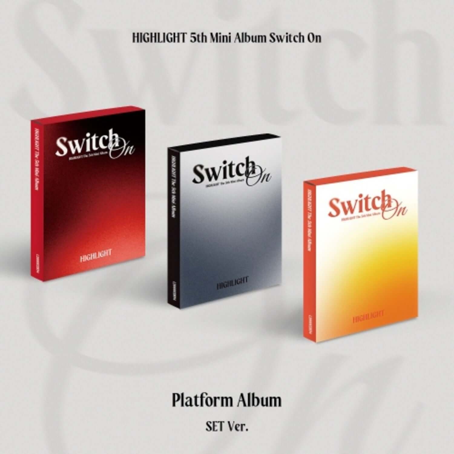 HIGHLIGHT - 5th Album [Switch On] (Platform Ver.) (Random 1 of 3) : boîtiers Kpop rouge, noir et orange en fond clair.