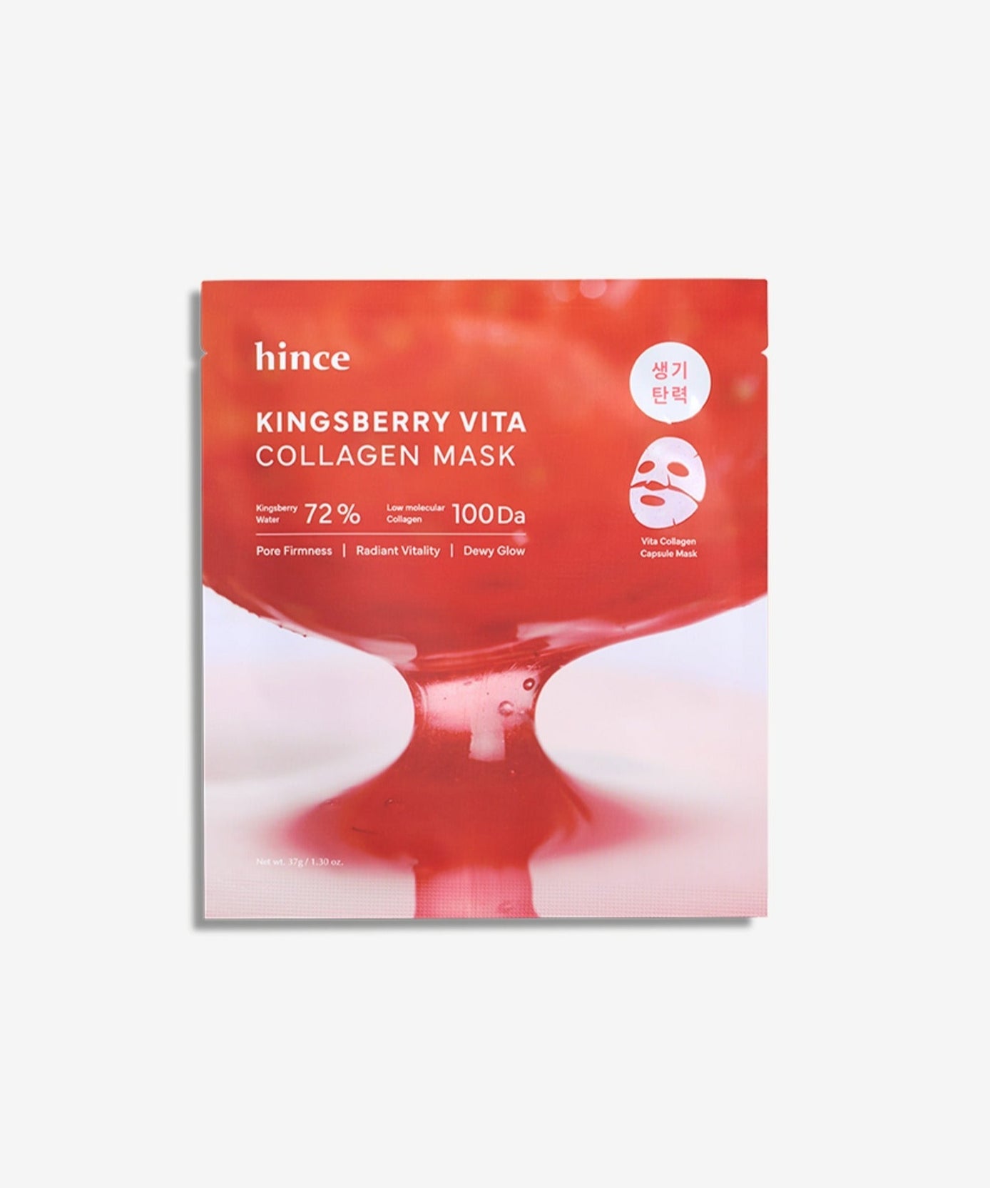 HINCE Kingberry Vita Collagen Mask 37g, masque visage HINCE sur fond blanc, emballage rouge illustrant un visage.
