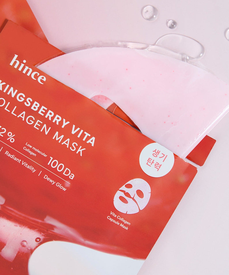 HINCE Kingberry Vita Collagen Mask 37g, masque visage HINCE dans un visuel cosmétique rouge et rose, bulles de gel