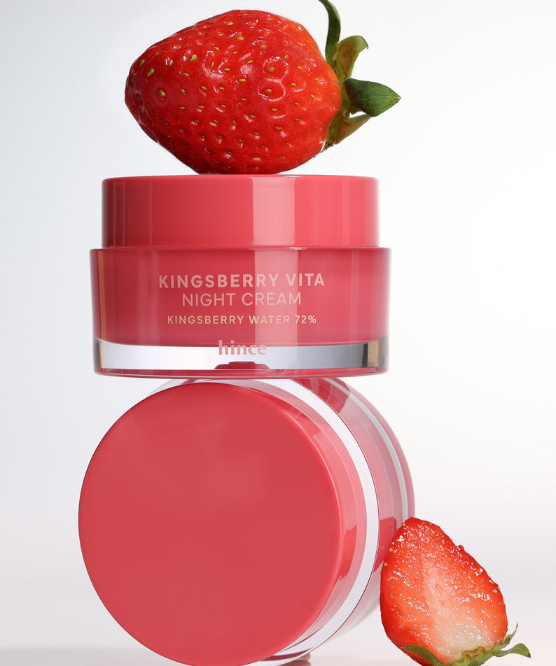 Crème de nuit HINCE Kingsberry Vita en pot rose avec fraise pour peau éclatante.