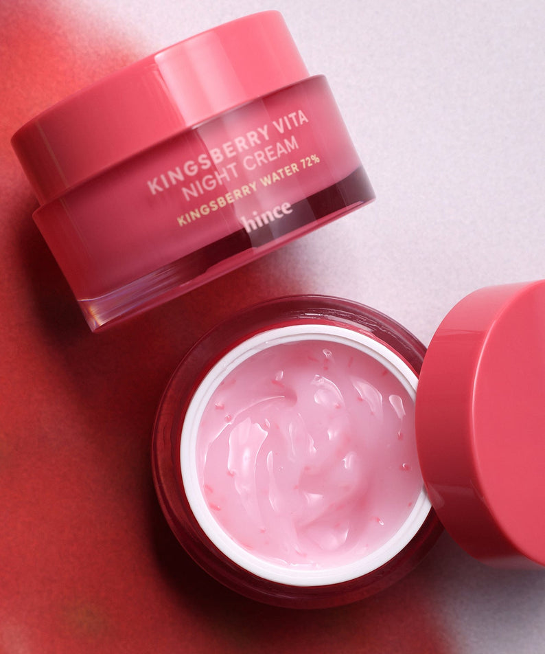 Pot de crème HINCE Kingsberry Vita Night Cream, soin de nuit hydratant et revitalisant, texture riche et onctueuse, couleur rose élégant.