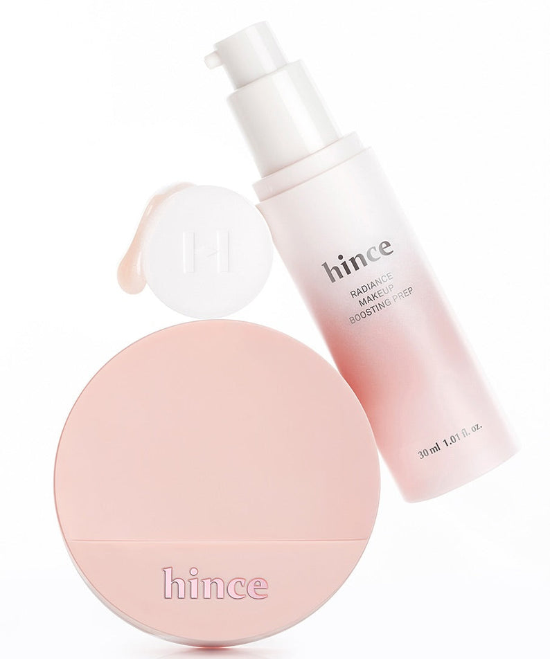 Flacon de 30ml de HINCE Radiance Makeup Boosting Prep avec emballage rose clair.