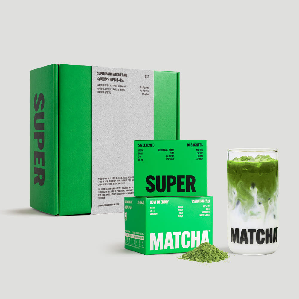 HIT THE TEA Super Matcha Home Cafe Set (Pure 10+Sweet 10+Heat-Resistant Glass Cup ) : coffret vert & verre à thé matcha