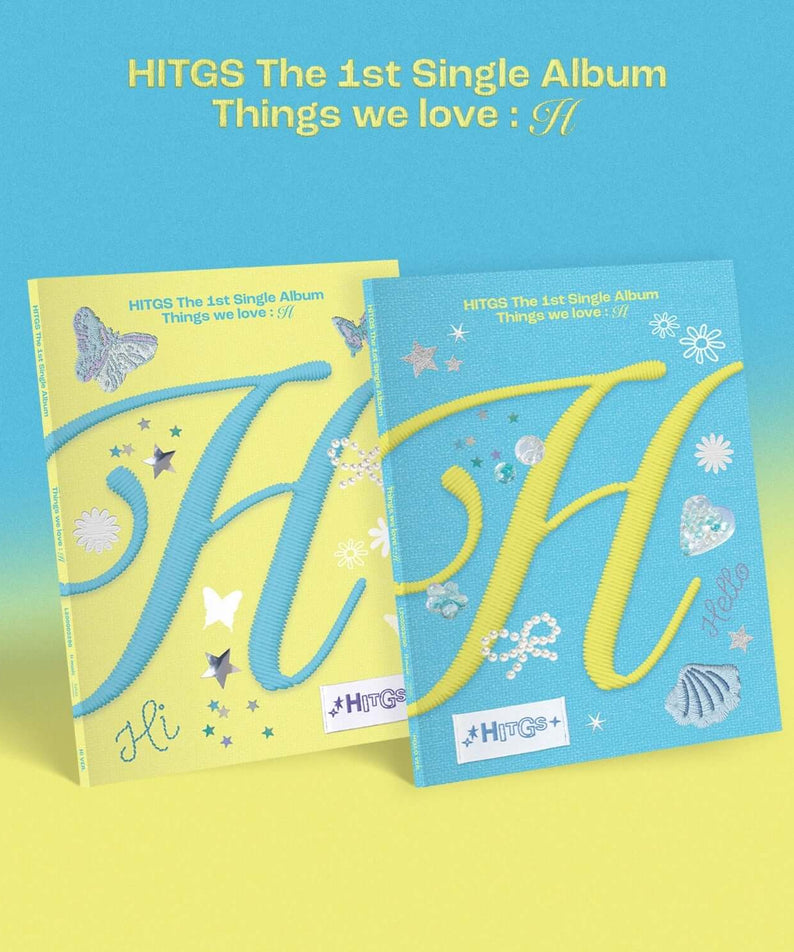 HITGS - [The 1st Single Album - Things we love : H] (2 Random 1) - Album Kpop : pochettes bleues, coquillages, ciel.