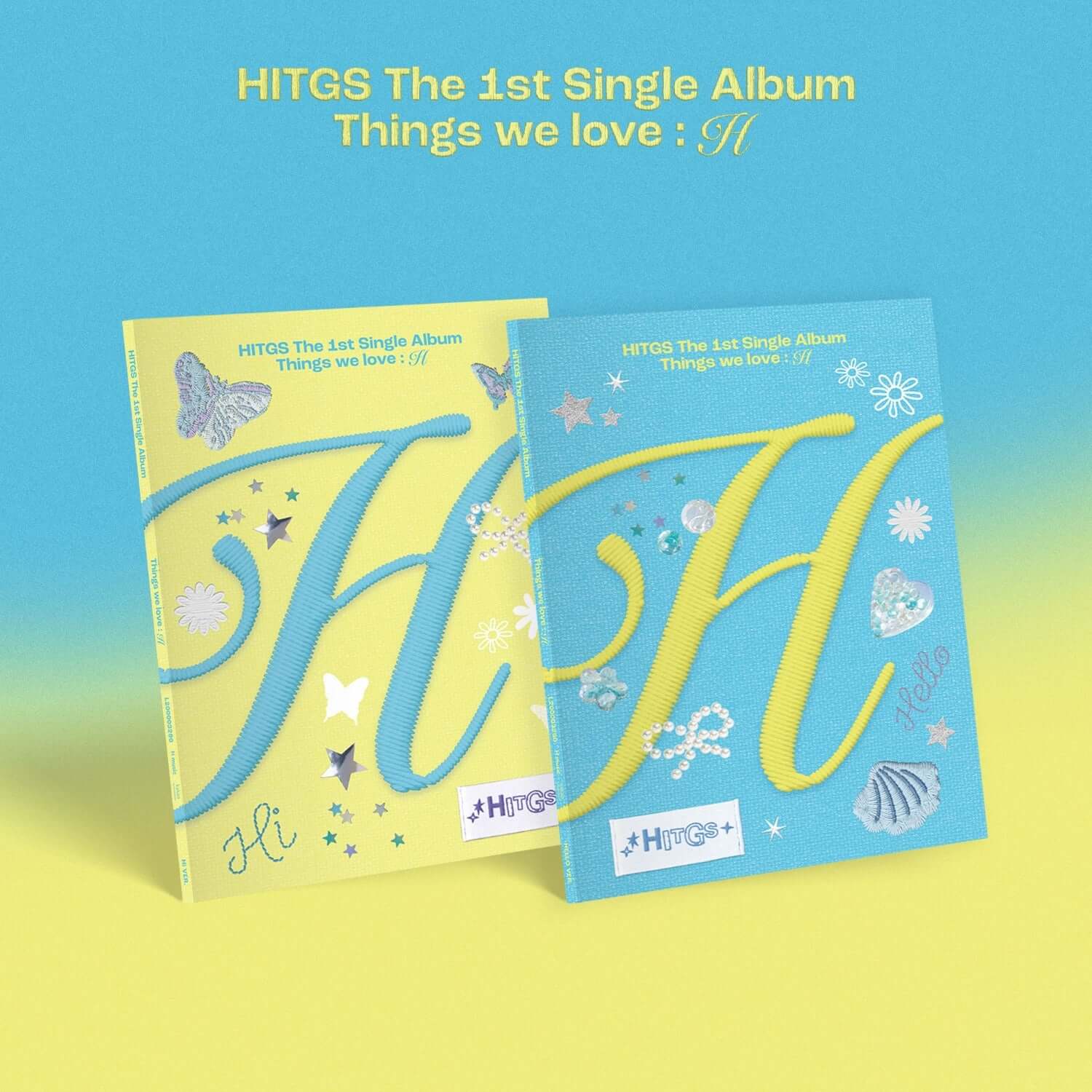 HITGS - [The 1st Single Album - Things we love : H] (2 Random 1) - Album Kpop : pochettes bleues, coquillages, ciel.