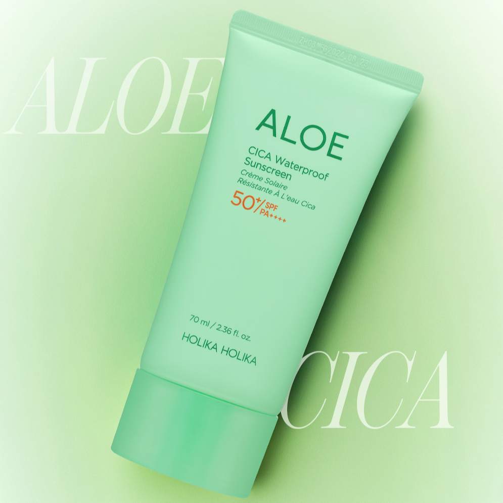 HOLIKA HOLIKA Aloe Cica Waterproof Sunscreen 70ml de marque HOLIKA, tube vert sur fond pastel, visuel produit.