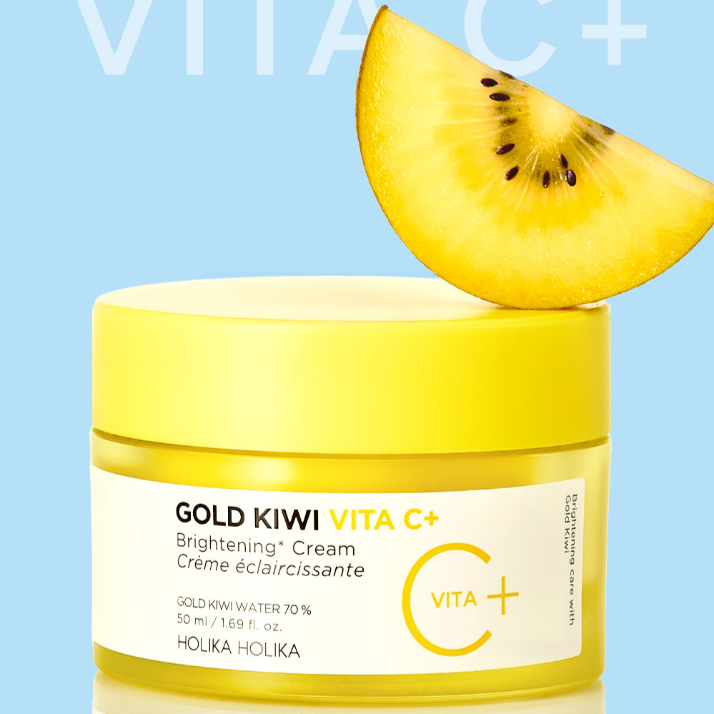 HOLIKA HOLIKA Gold Kiwi Vita C+ Brightening Cream 50ml, pot jaune sur fond bleu avec tranche de kiwi, éclat vitamine C+
