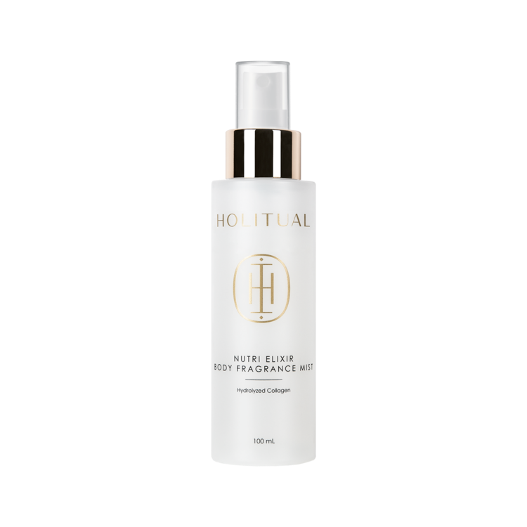 HOLITUAL Nutri Elixir Body Fragrance Mist 100ml : flacon blanc spray sur fond noir, marque HOLITUAL, aperçu produit.
