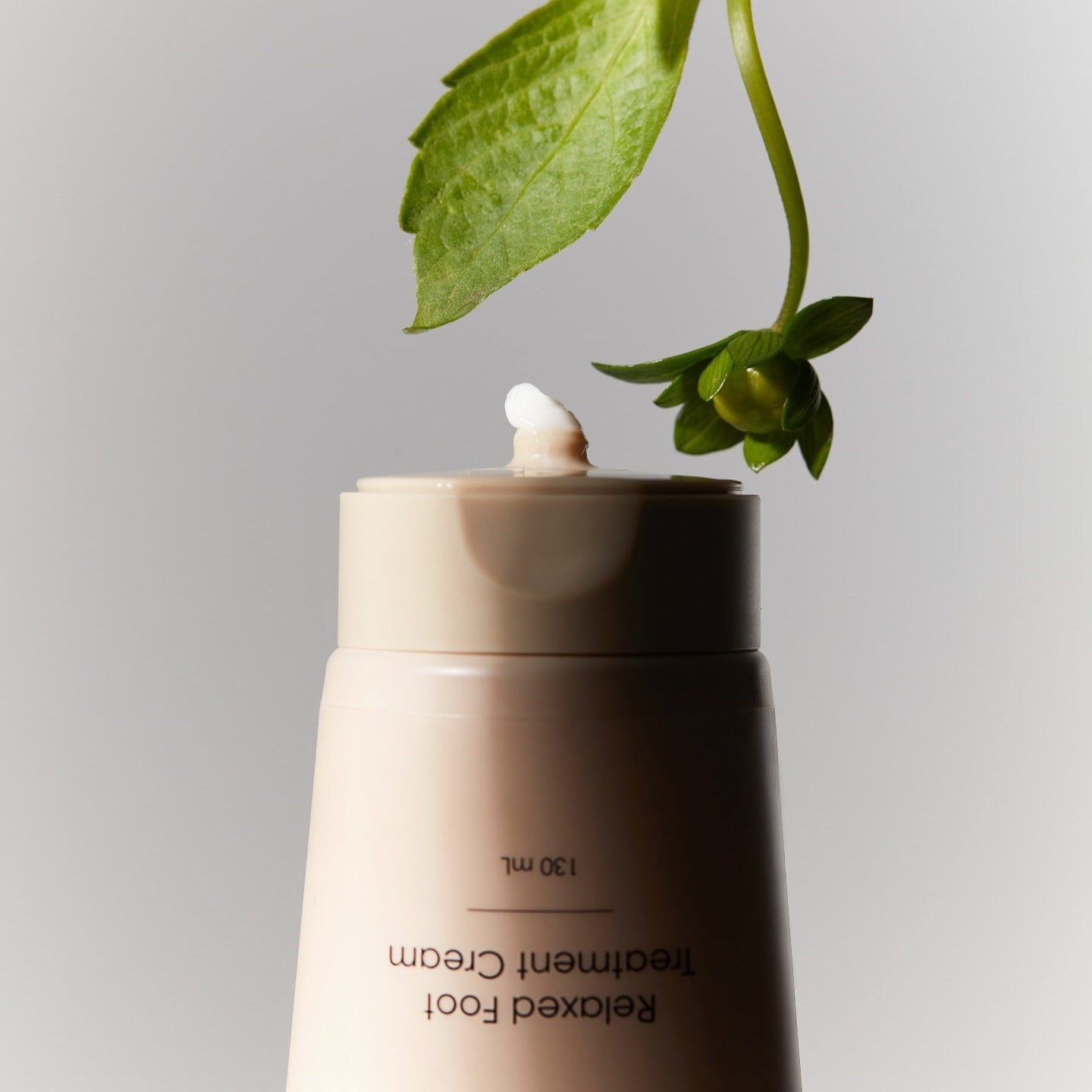 Décris l'image en français : HOLITUAL Relaxed Foot Treatment Cream 130ml, tube crème beige, feuilles vertes, ambiance spa.