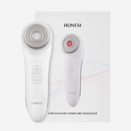 Décris l'image en français : HONESI  EMS High Frequency Galvanic Home Care Massager, appareils blancs sur fond clair.