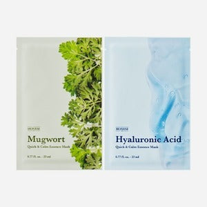 HONESI Ernish Quick & Calm Essence Mask, flacons sérum calmant HONESI, visuel apaisant sur fond bleu et vert