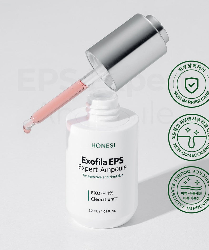 HONESI  Exophila EPS Expert Ampoule 30ml : flacon blanc et sérum rosé, sur fond clair, pictogrammes marque HONESI.