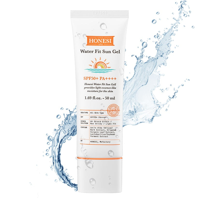 HONESI  Water Fit Sun Gel 50ml, tube crème solaire hydratante contre les éclaboussures d’eau, fond lumineux.