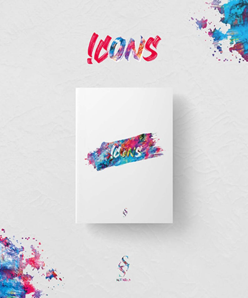 HOT ISSUE - 1st Album [ICONS] - Album Kpop, pochette blanc/bleu, visuel éclaboussures et logo, fan merch.