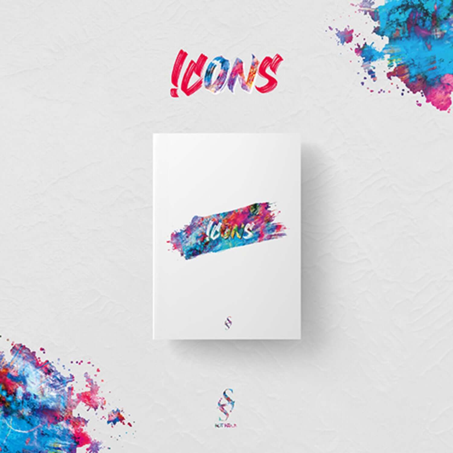 HOT ISSUE - 1st Album [ICONS] - Album Kpop, pochette blanc/bleu, visuel éclaboussures et logo, fan merch.