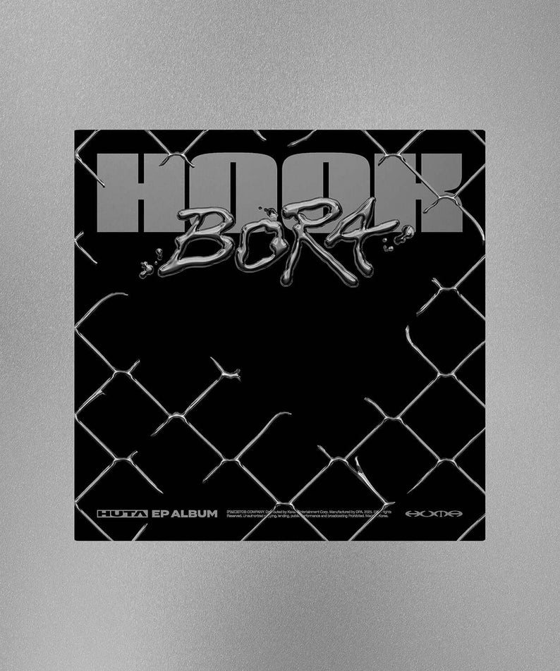 HUTA - EP ALBUM [HOOK] - Album Kpop : visuel noir et argent, pochette HUTA, fond texturé, ambiance futuriste.