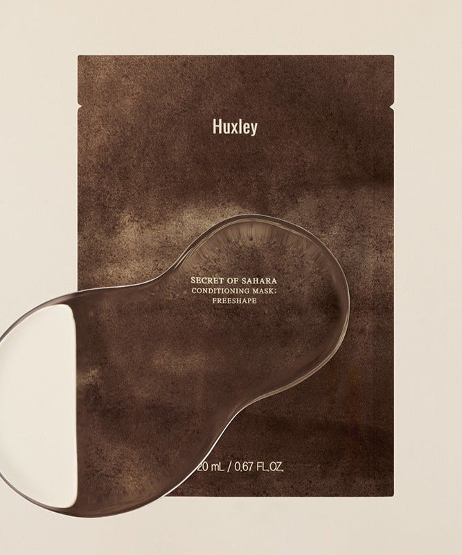 HUXLEY Conditioning Mask Freshape 20ml, masque conditionneur Huxley sur visuel brun avec spatule et pot.