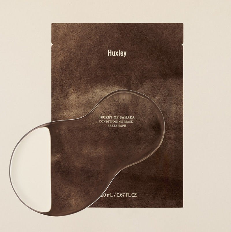 HUXLEY Conditioning Mask Freshape 20ml, masque conditionneur Huxley sur visuel brun avec spatule et pot.