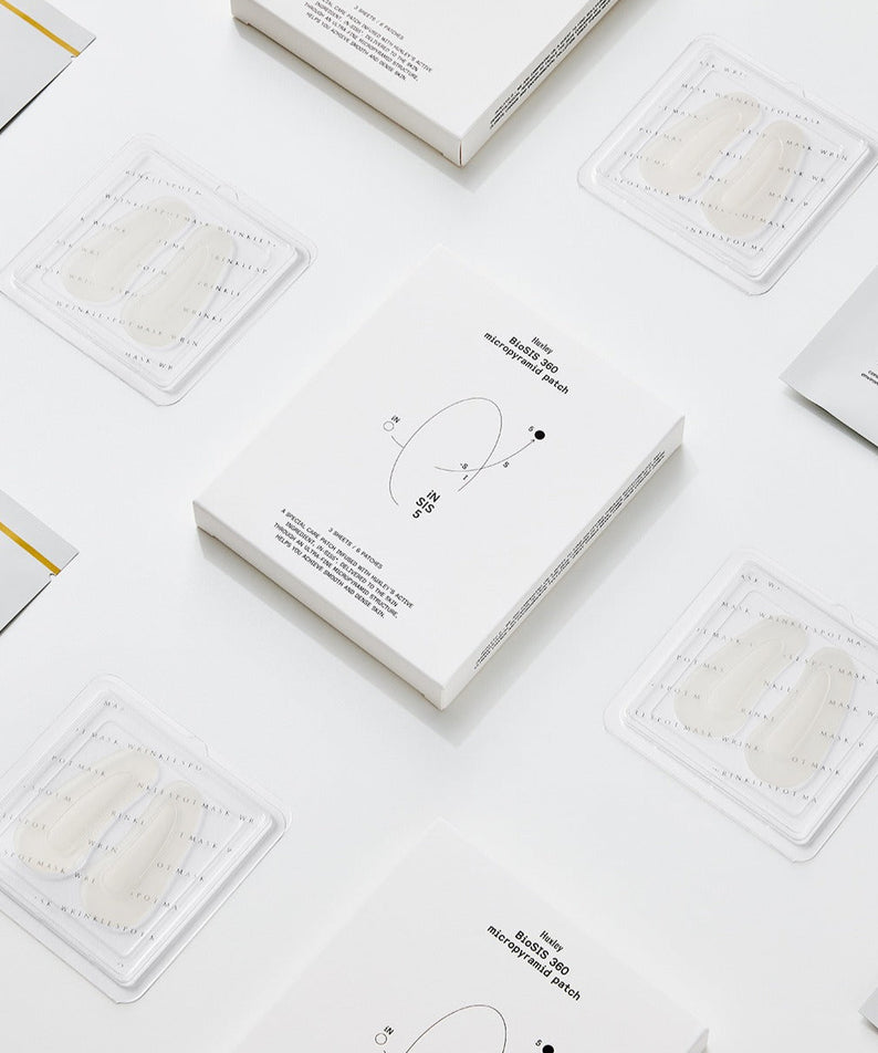 Patch HUXLEY BioSIS 360 Micropyramid sur fond blanc, emballé avec des instructions visibles.